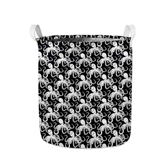 Black And White Octopus Pattern Print Collapsible Laundry Basket
