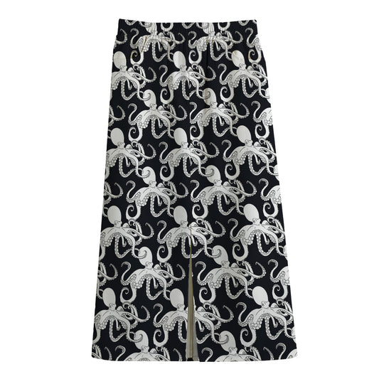Black And White Octopus Pattern Print Cotton Front Slit Maxi Skirt
