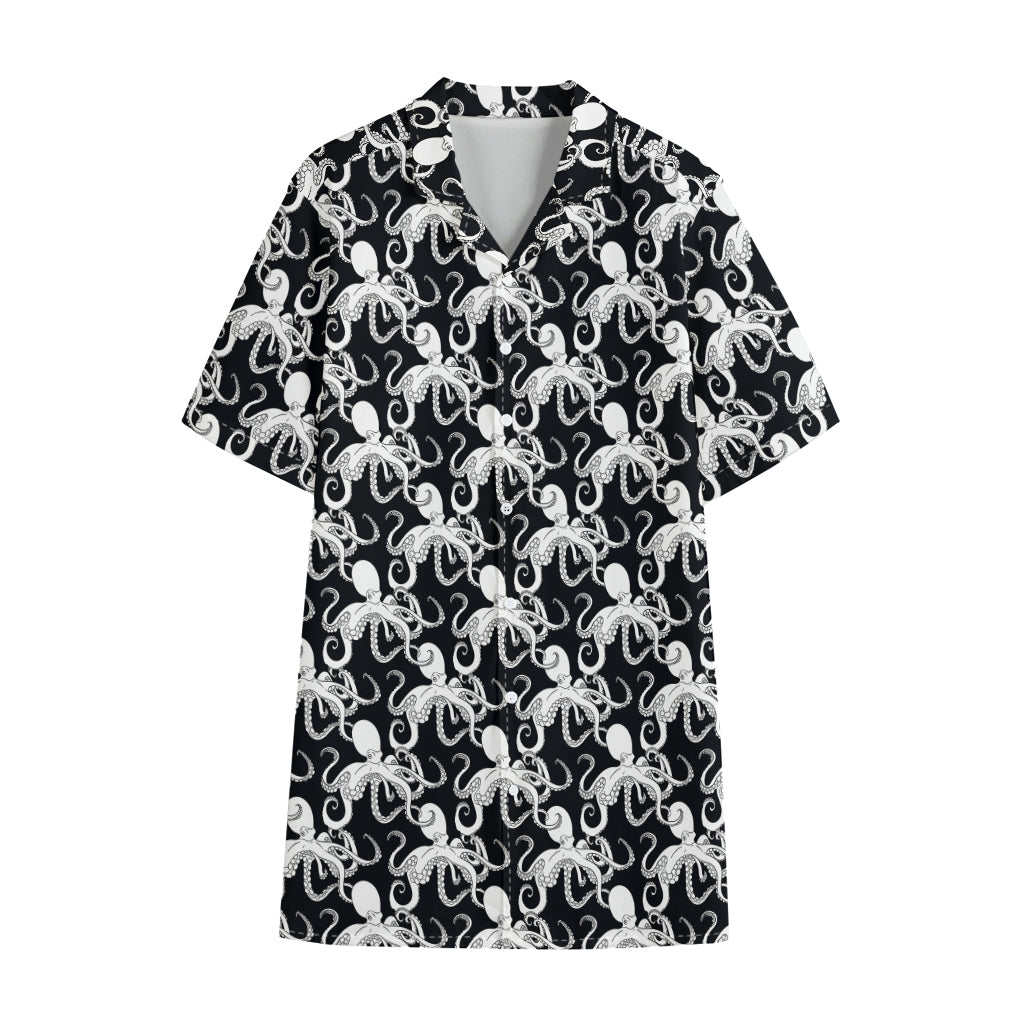 Black And White Octopus Pattern Print Cotton Hawaiian Shirt