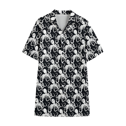 Black And White Octopus Pattern Print Cotton Hawaiian Shirt