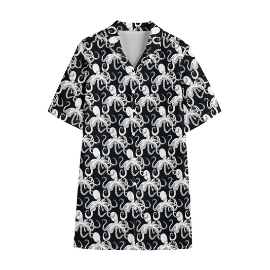 Black And White Octopus Pattern Print Cotton Hawaiian Shirt