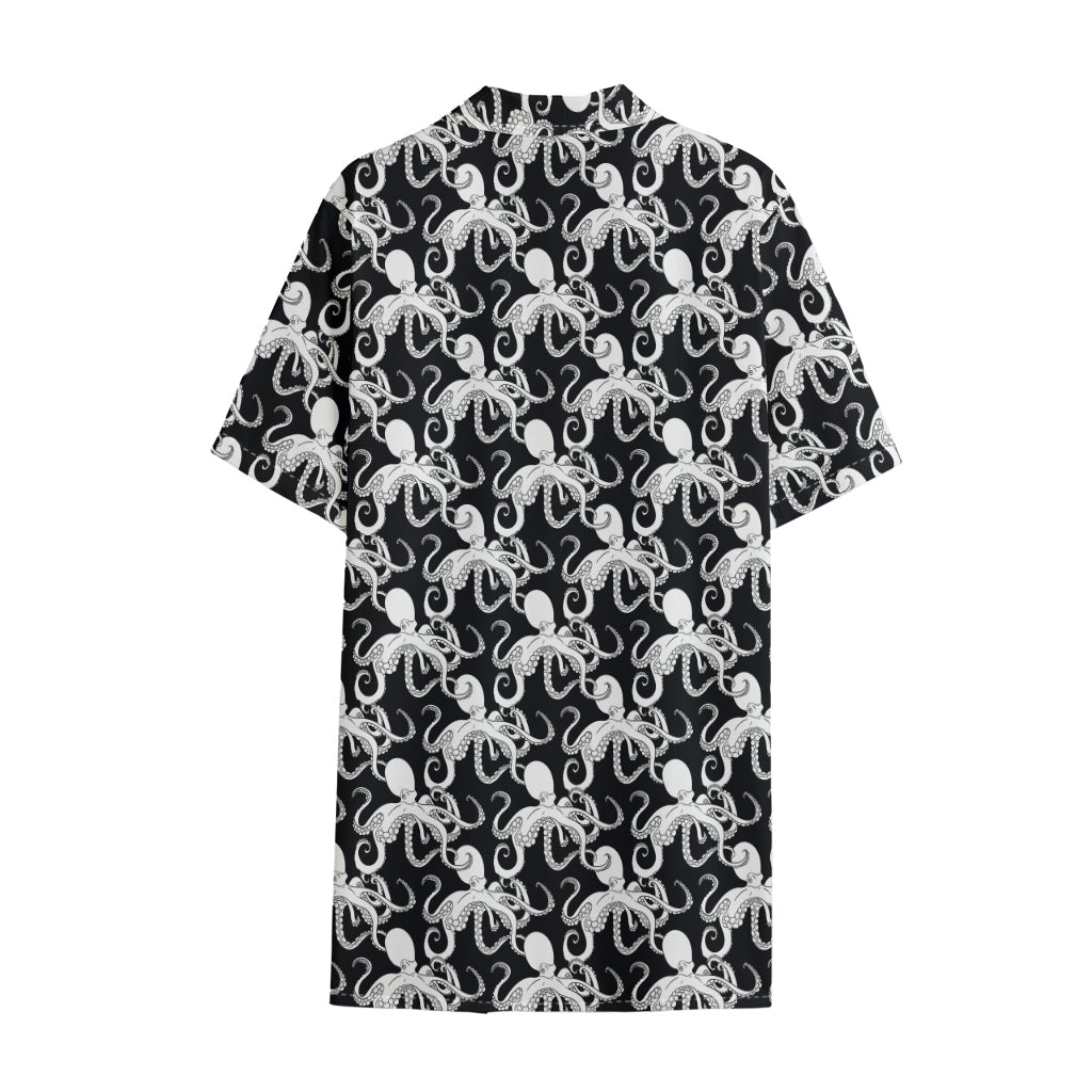 Black And White Octopus Pattern Print Cotton Hawaiian Shirt