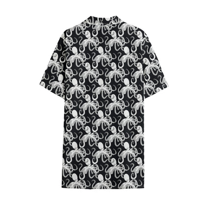 Black And White Octopus Pattern Print Cotton Hawaiian Shirt