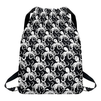 Black And White Octopus Pattern Print Drawstring Backpack