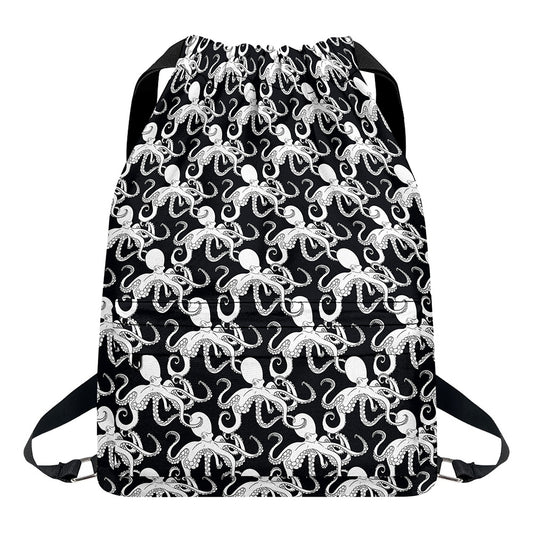 Black And White Octopus Pattern Print Drawstring Backpack