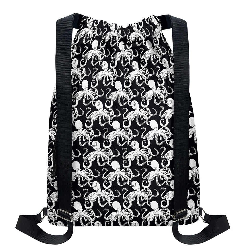 Black And White Octopus Pattern Print Drawstring Backpack