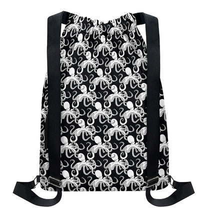 Black And White Octopus Pattern Print Drawstring Backpack