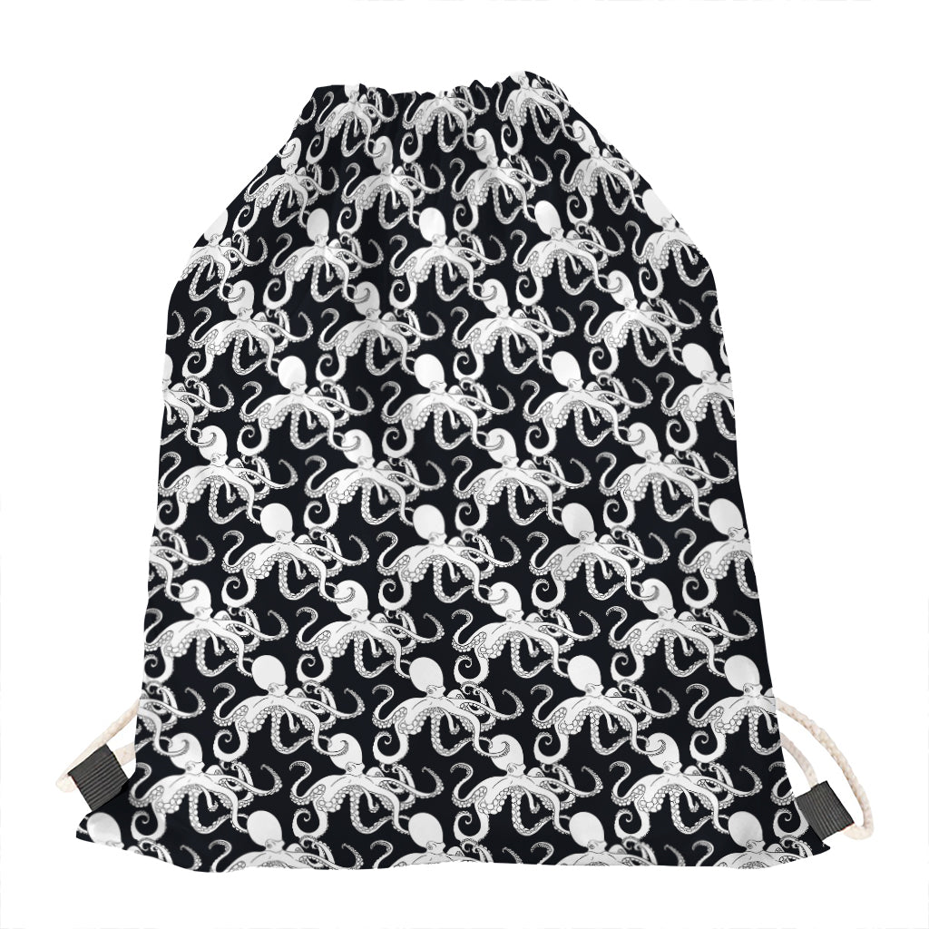 Black And White Octopus Pattern Print Drawstring Bag