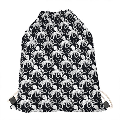 Black And White Octopus Pattern Print Drawstring Bag
