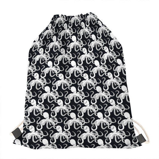 Black And White Octopus Pattern Print Drawstring Bag