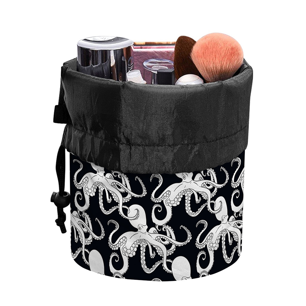 Black And White Octopus Pattern Print Drawstring Makeup Bag