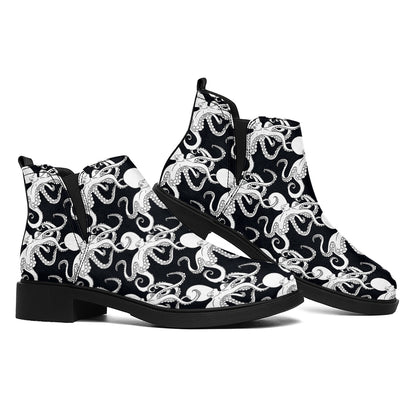 Black And White Octopus Pattern Print Flat Ankle Boots