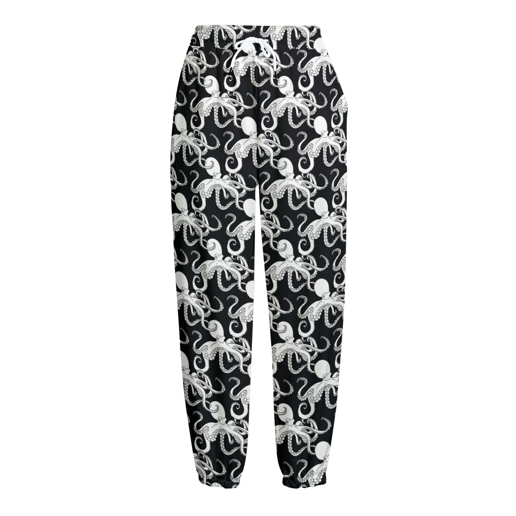 Black And White Octopus Pattern Print Fleece Lined Knit Pants