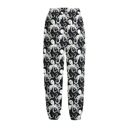 Black And White Octopus Pattern Print Fleece Lined Knit Pants