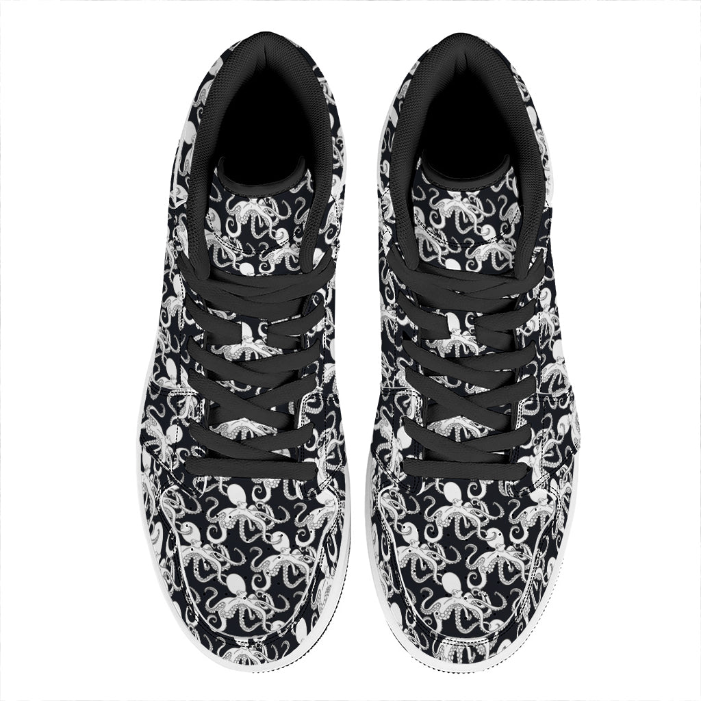 Black And White Octopus Pattern Print High Top Leather Sneakers