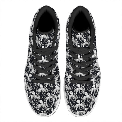 Black And White Octopus Pattern Print High Top Leather Sneakers