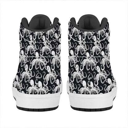 Black And White Octopus Pattern Print High Top Leather Sneakers