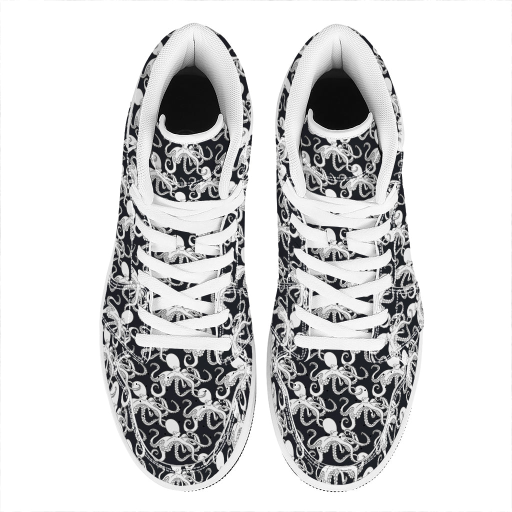 Black And White Octopus Pattern Print High Top Leather Sneakers