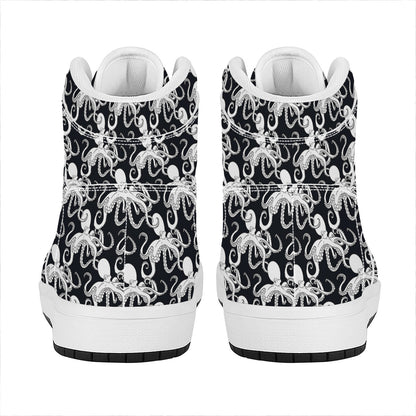 Black And White Octopus Pattern Print High Top Leather Sneakers