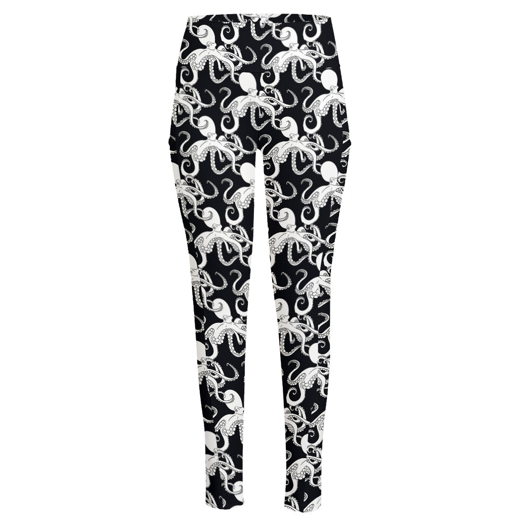 Black And White Octopus Pattern Print High-Waisted Pocket Leggings