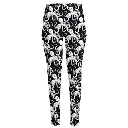 Black And White Octopus Pattern Print High-Waisted Pocket Leggings