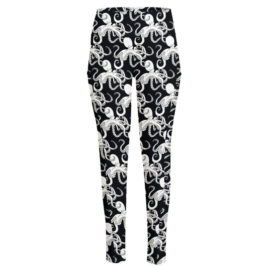 Black And White Octopus Pattern Print High-Waisted Pocket Leggings