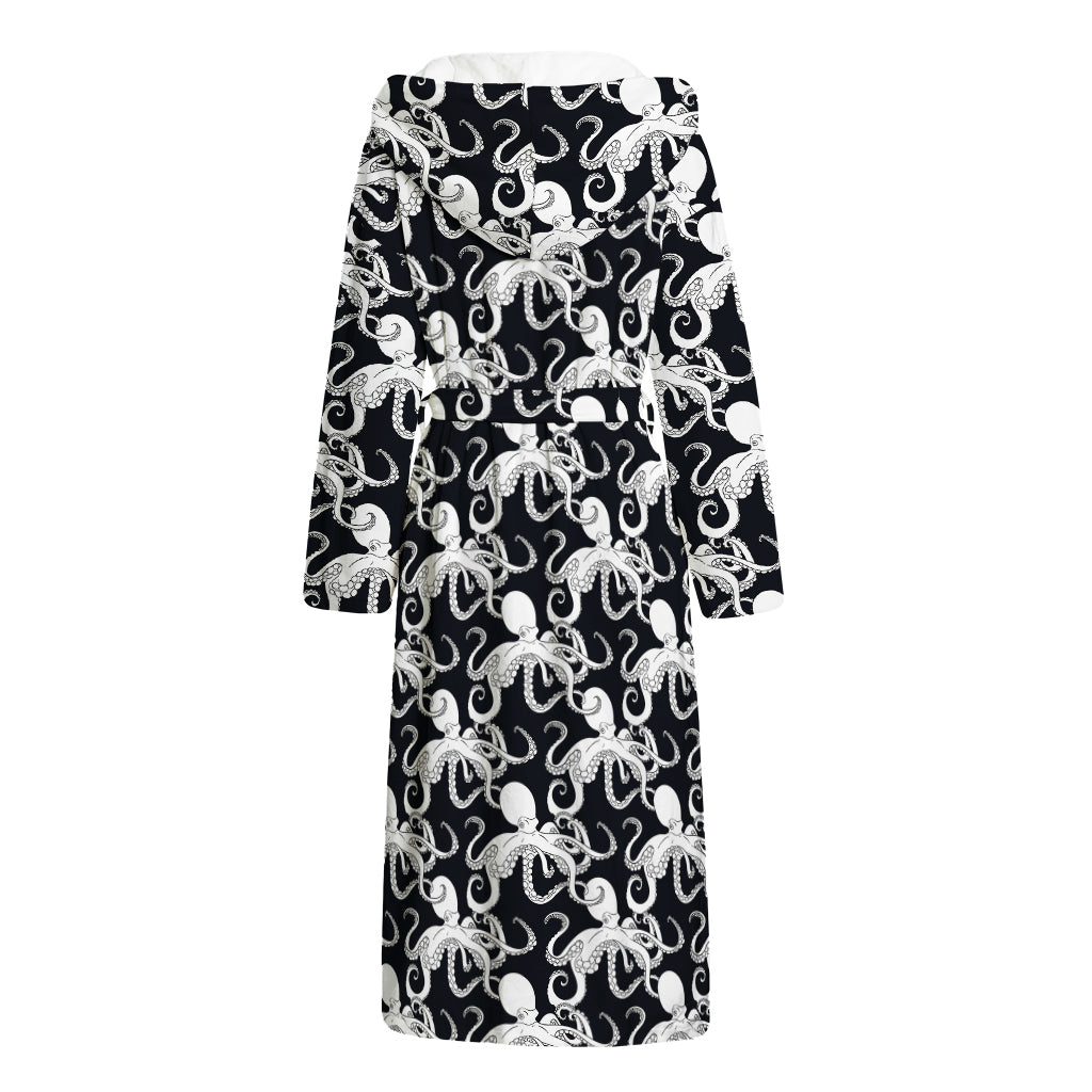 Black And White Octopus Pattern Print Hooded Bathrobe