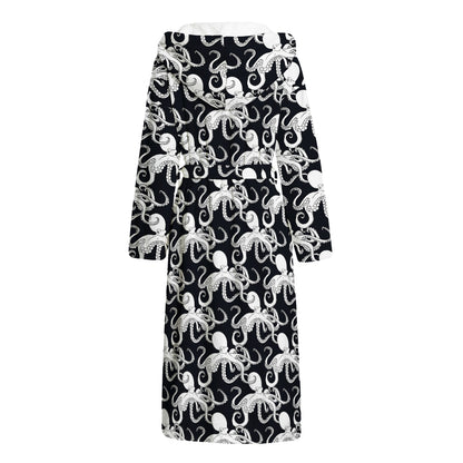 Black And White Octopus Pattern Print Hooded Bathrobe
