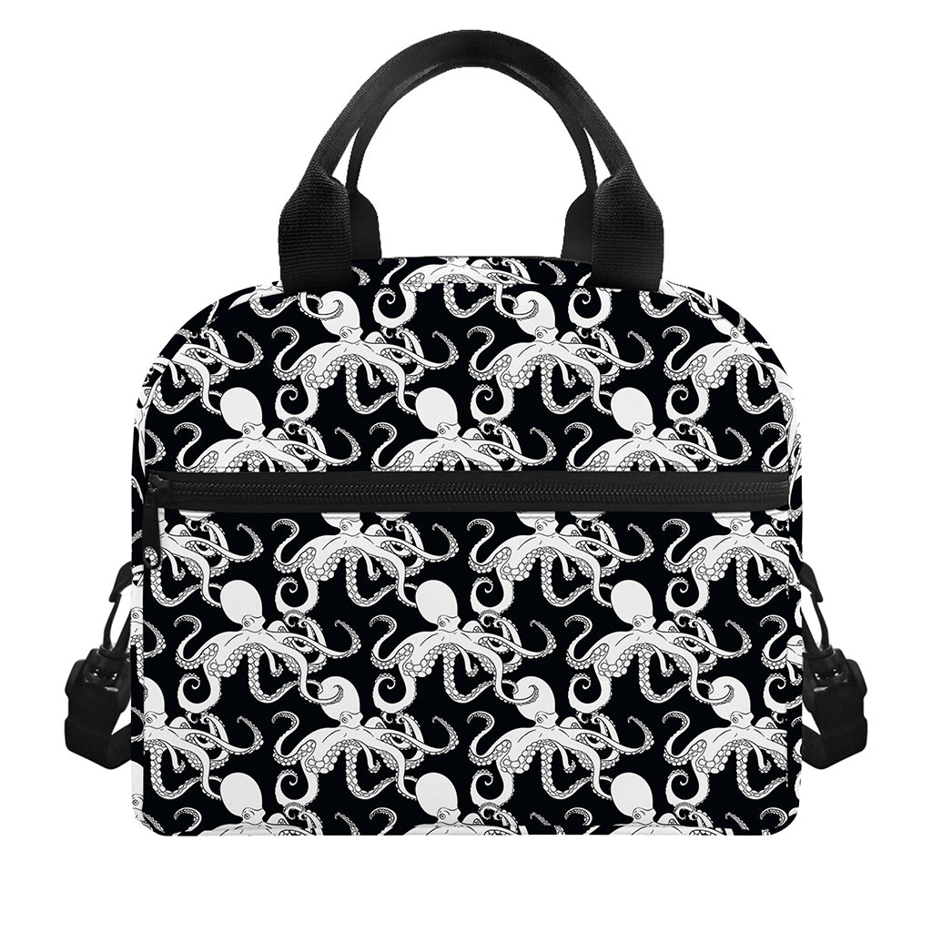Black And White Octopus Pattern Print Insulated Lunch Bag