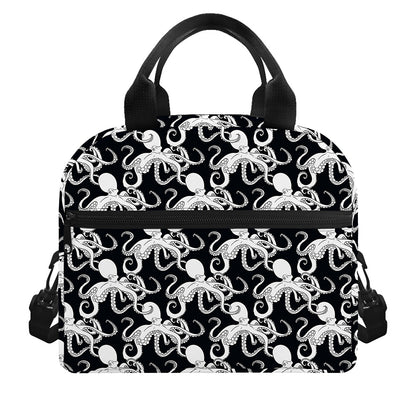 Black And White Octopus Pattern Print Insulated Lunch Bag