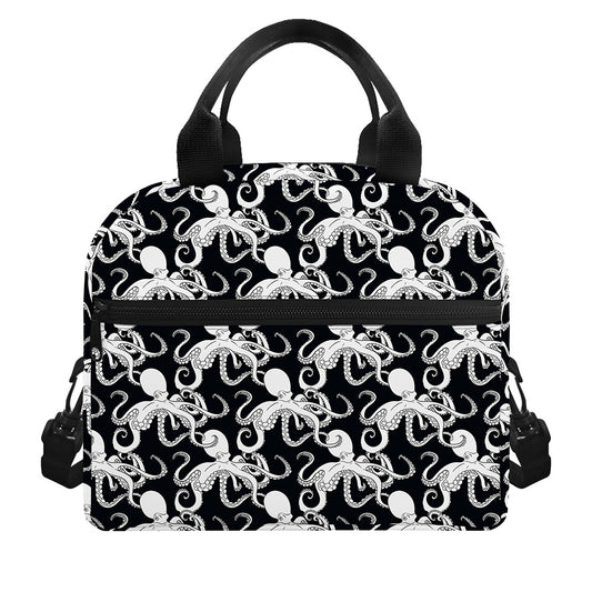 Black And White Octopus Pattern Print Insulated Lunch Bag