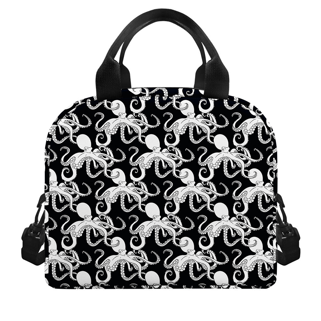 Black And White Octopus Pattern Print Insulated Lunch Bag