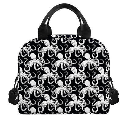 Black And White Octopus Pattern Print Insulated Lunch Bag