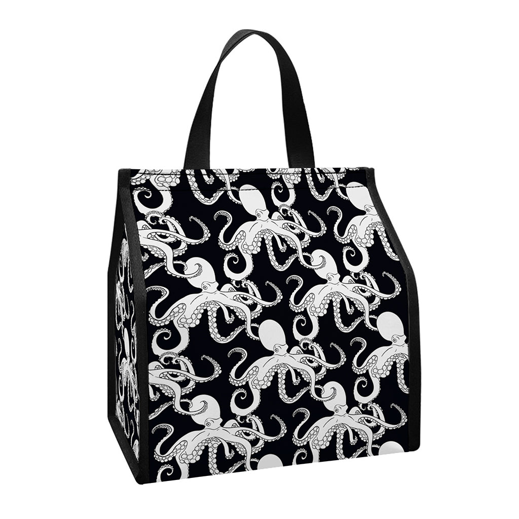 Black And White Octopus Pattern Print Insulated Lunch Tote