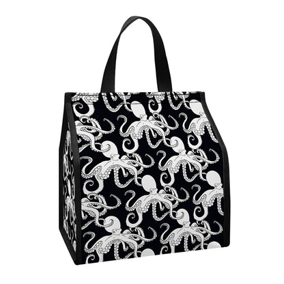 Black And White Octopus Pattern Print Insulated Lunch Tote