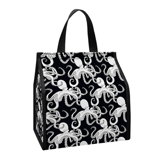 Black And White Octopus Pattern Print Insulated Lunch Tote