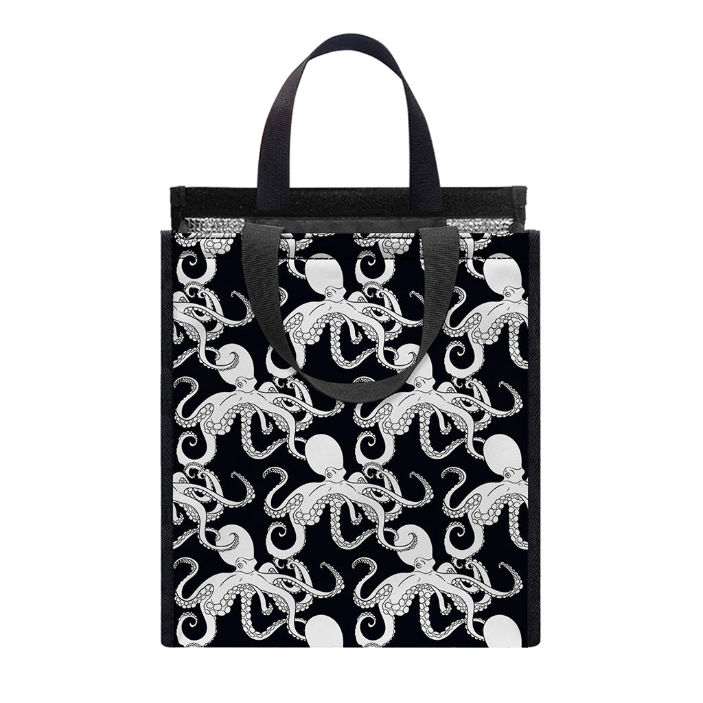 Black And White Octopus Pattern Print Insulated Lunch Tote
