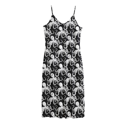 Black And White Octopus Pattern Print Jersey Midi Cami Dress