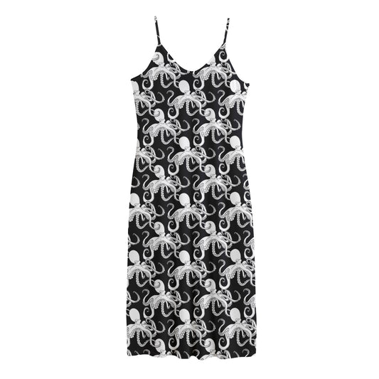 Black And White Octopus Pattern Print Jersey Midi Cami Dress