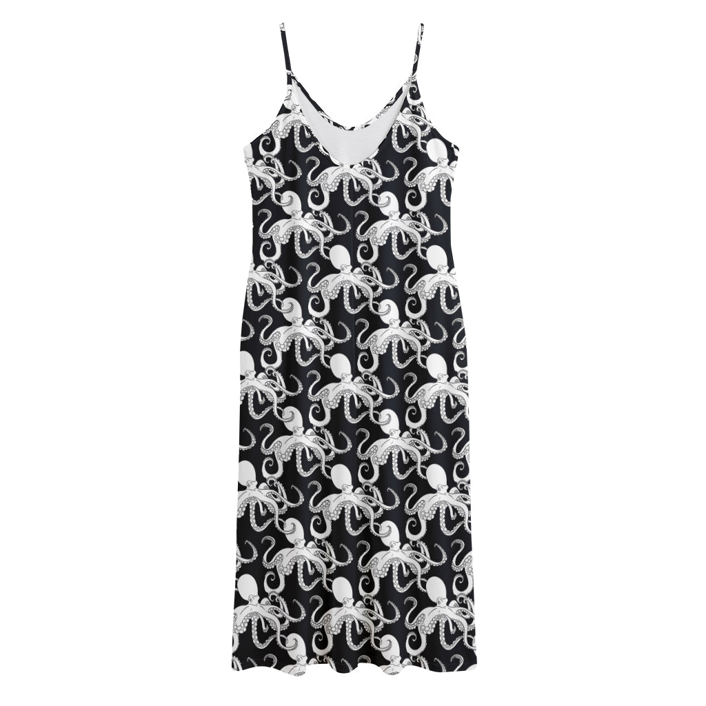 Black And White Octopus Pattern Print Jersey Midi Cami Dress