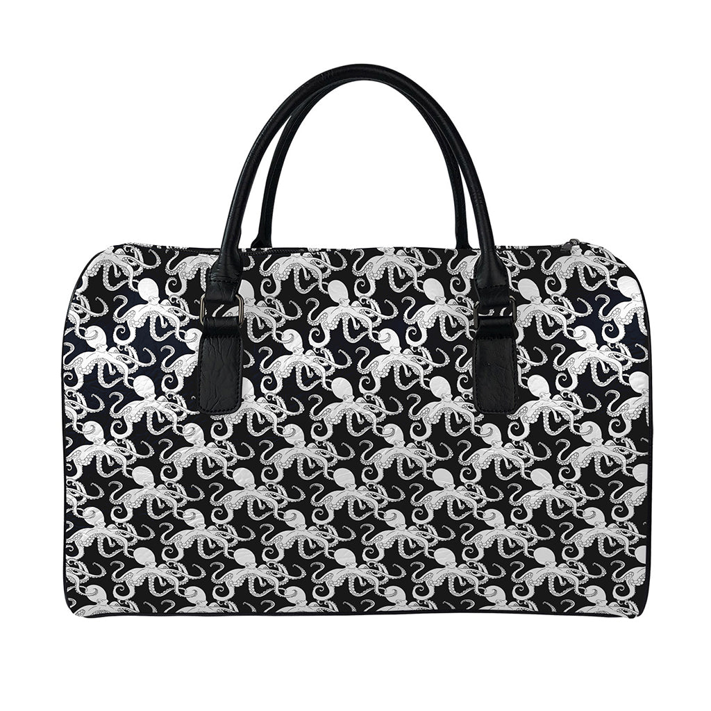 Black And White Octopus Pattern Print Leather Duffle Bag