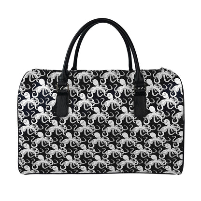 Black And White Octopus Pattern Print Leather Duffle Bag