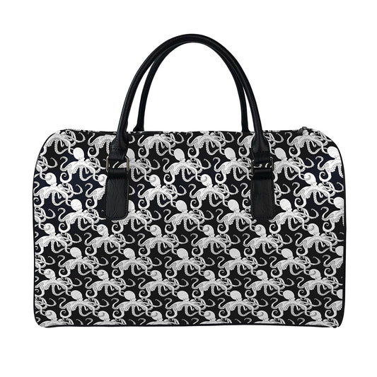 Black And White Octopus Pattern Print Leather Duffle Bag