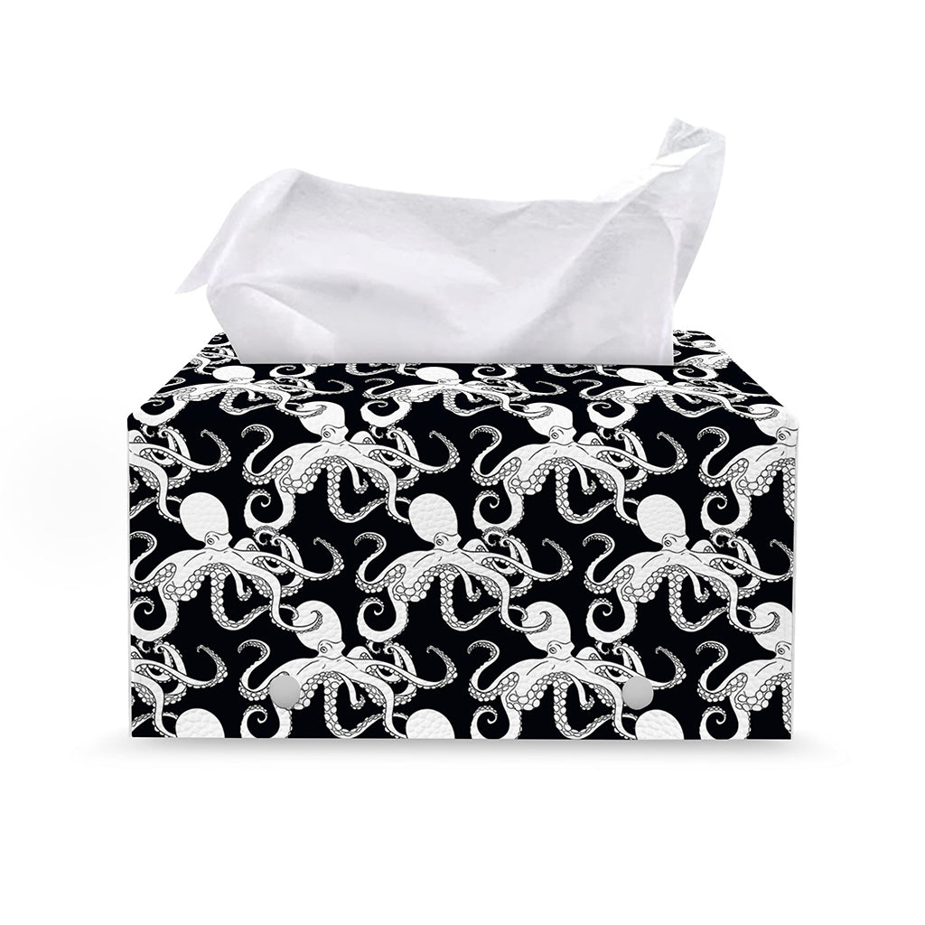 Black And White Octopus Pattern Print Leather Tissue Box Cover