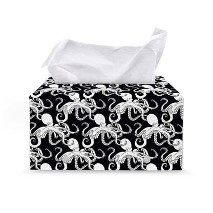 Black And White Octopus Pattern Print Leather Tissue Box Cover