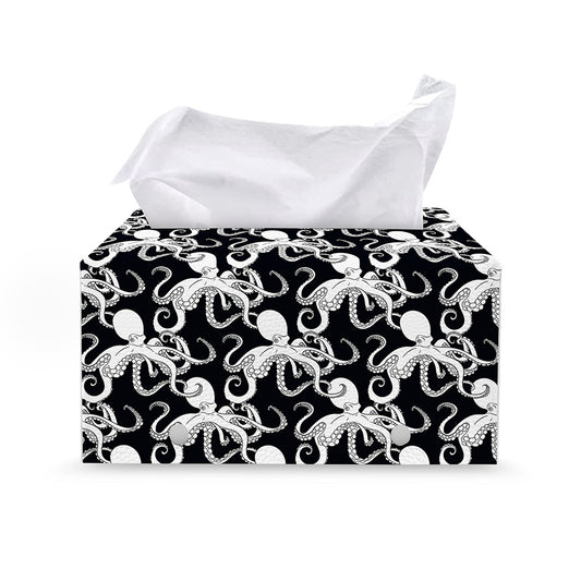 Black And White Octopus Pattern Print Leather Tissue Box Cover