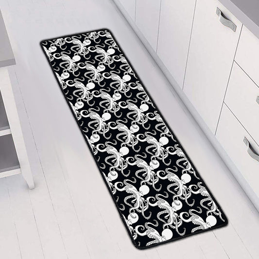 Black And White Octopus Pattern Print Long Kitchen Mat