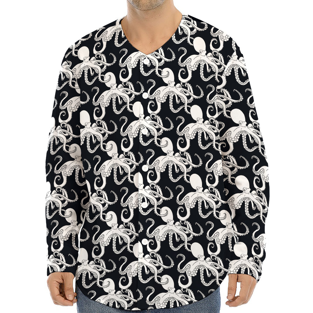 Black And White Octopus Pattern Print Long Sleeve Baseball Jersey