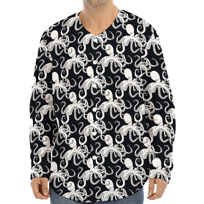 Black And White Octopus Pattern Print Long Sleeve Baseball Jersey