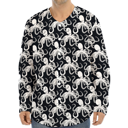 Black And White Octopus Pattern Print Long Sleeve Baseball Jersey